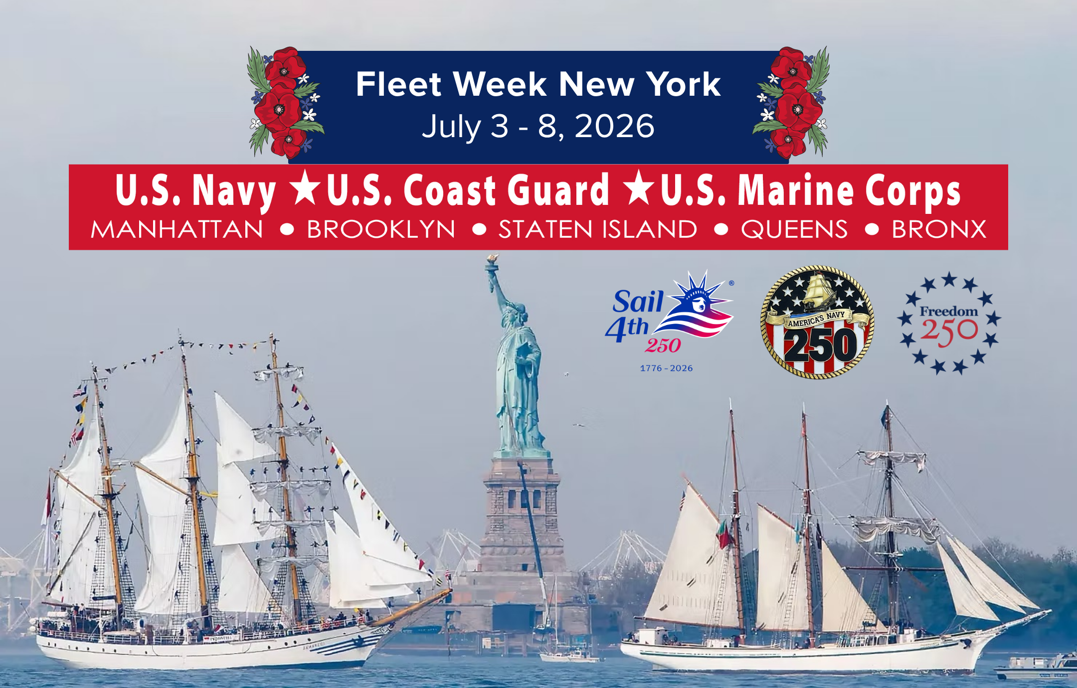 Fleet Week NYC July 3 to July 8
A view of ships with the Statue of Liberty in the middle
                                           